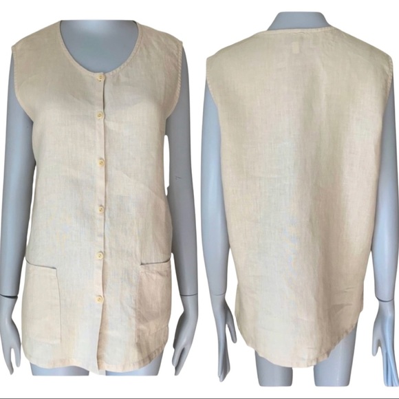 EILEEN FISHER 100% Linen Button Up Sleeveless Top Tunic Beige Sand Summer Size S - Picture 1 of 16